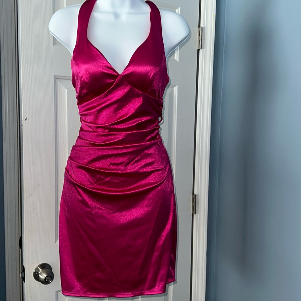 Pink satin teen homecoming dress crisscross back